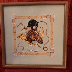 Equestrian Horse Head Framed Needlepoint Art in Brown and Black